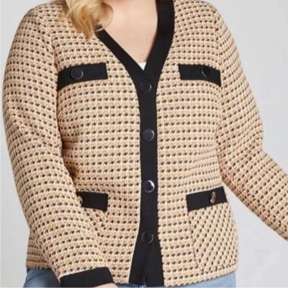 NWT Lane Bryant Yellow Gold Black Collarless Tweed Blazer Jacket 24 New - Picture 1 of 12